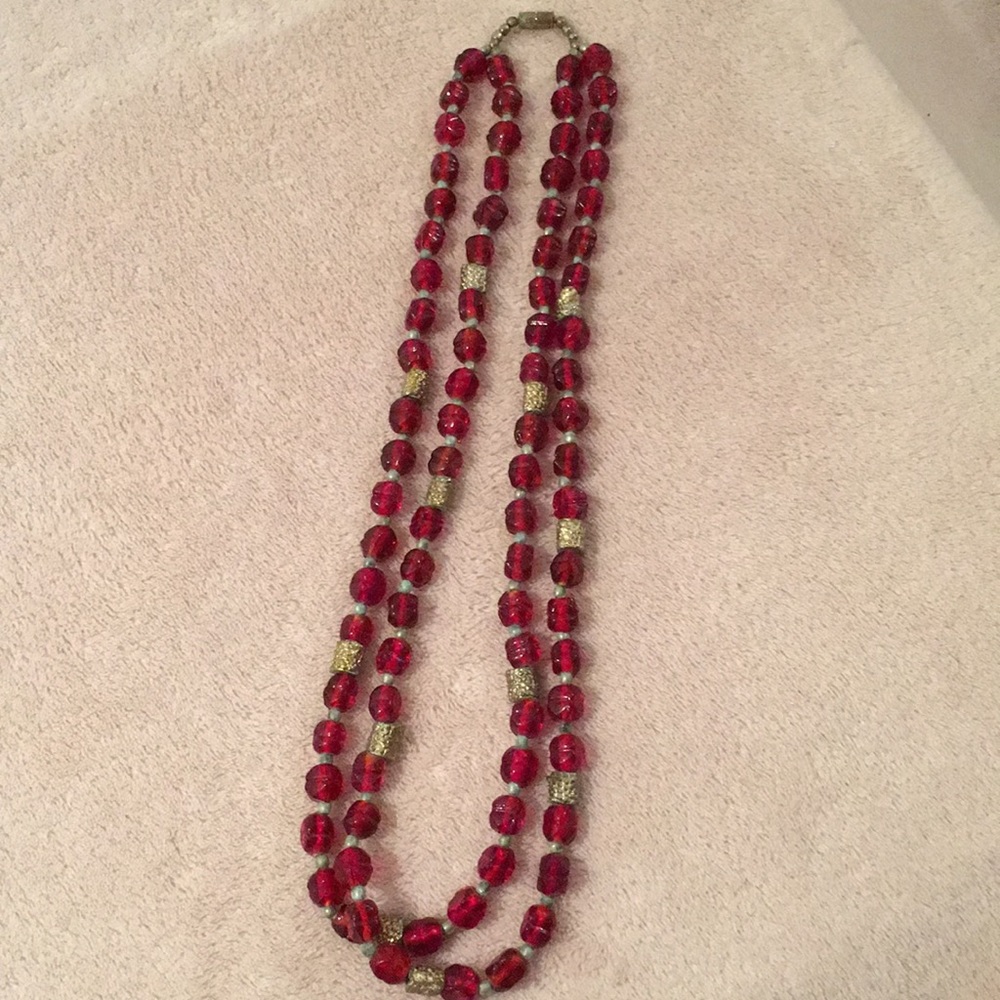 Red Glass Beaded Necklace Two Strand Graduated 22”